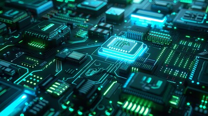 A high-tech background of glowing circuit boards and electronic components in neon blue and green