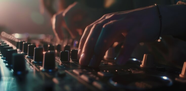 Closeup of hands adjusting volume knobs on a DJ mixer
