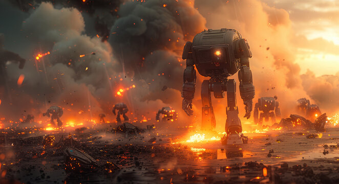 Futuristic battlefield with advanced robots in combat, dark clouds and fire. Generative AI.
