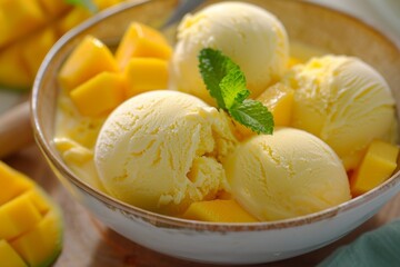 Creamy Mango and Vanilla Ice Cream with Fresh Mango Slices and Mint Garnish