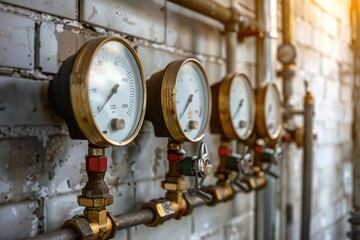 Naklejka premium Row of industrial high pressure gas gauge meters. Water pressure gauge. Gas volume, temperature control device. Factory, plant workshop, equipment. Copper pipeline of heating system in boiler room.