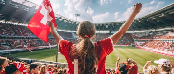 Switzerland football soccer fans in a stadium supporting the national team wearing red shirt, supporting , cheering and rising Switzerland national flag in european football league