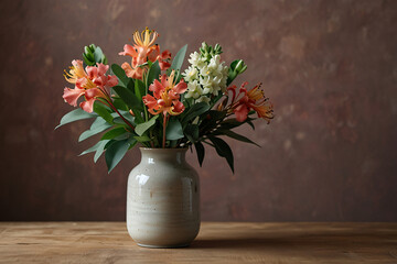 A vase of flowers sits on a wooden table