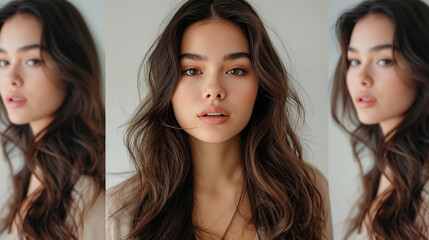 Three close-up portraits of a woman with varied poses. 