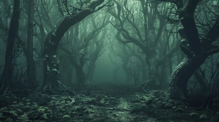 A misty, ominous forest path winds between gnarled trees