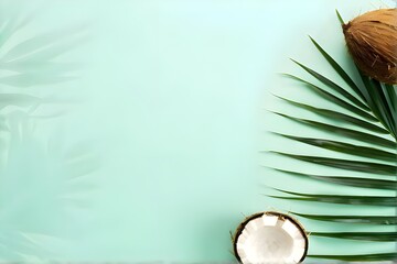 Flat lay of tropical palm leaves and coconut shells on a blue background, embracing summer vibes Flat lay, top view, copy space