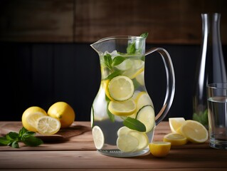 Fototapeta premium Fruit water in a glass pitcher flavored with lemon, lime, cucumber, and mint 