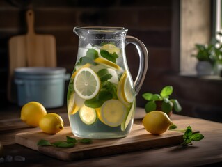 Fruit water in a glass pitcher flavored with lemon, lime, cucumber, and mint
