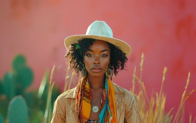 Stylish woman in hat with colorful scarf