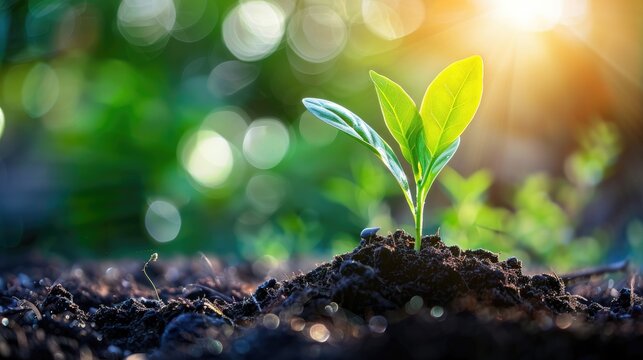 A single green sprout emerges from rich soil, bathed in warm sunlight.  The bokeh background suggests a lush, vibrant environment.