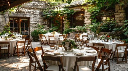 An outdoor wedding venue with color white table linens, wooden chairs around round tables set for the reception, surrounded by lush greenery in front of stone walls. Generative AI.