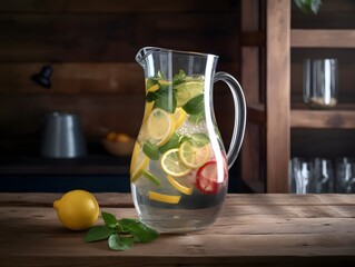 Fruit water in a glass pitcher flavored with lemon, lime, cucumber, and mint
