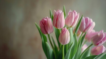 Fototapeta premium Pink tulips arranged in a vase indoors with room for text
