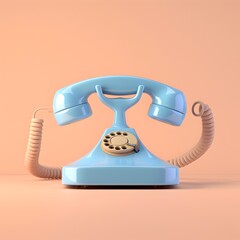 3D render of a retro blue telephone with a long cable floating in the air on a pastel peach background
