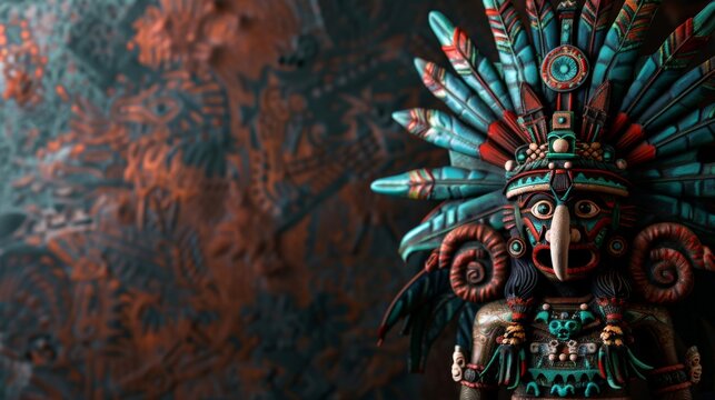 An Aztec deity wearing a feathered headdress and intricate regalia