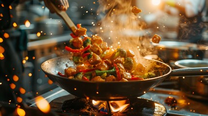 Chef Stir Frying Colorful Vegetables and Chicken in Professional Kitchen Over Open Flame - Powered by Adobe