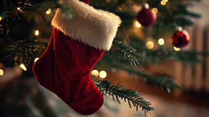 Obraz premium Red Santa Claus hat and sock hanging under christmas tree in the house