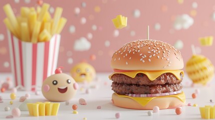 Playful animated sticker featuring a cheeseburger with perfectly melted cheese and a side of crinkle fries, both personified with smiling faces and surrounded by whimsical, animated elements