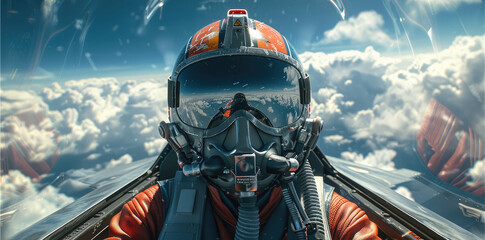 Fototapeta premium From inside the cockpit, the futuristic pilot, reflections in his visor and oxygen hoses feeding his face mask, with cloudy blue sky in the background and reflections in the canopy. Generative AI.