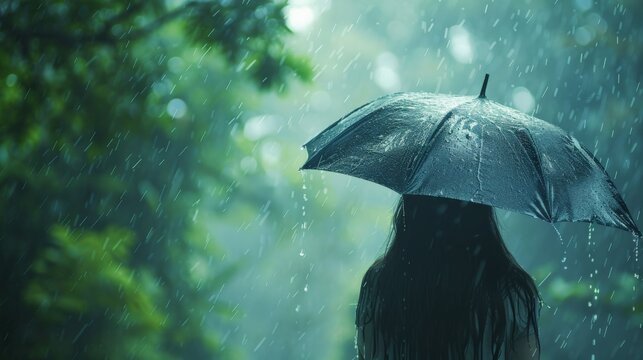 Person walks in lush forest during monsoon rain, seeking refuge under umbrella