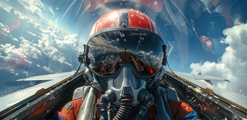 Fototapeta premium From inside the cockpit, the futuristic pilot, reflections in his visor and oxygen hoses feeding his face mask, with cloudy blue sky in the background and reflections in the canopy. Generative AI.