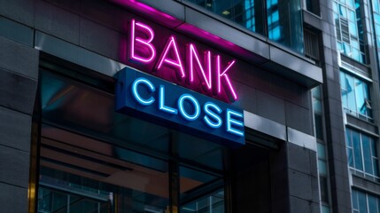 Obraz premium Modern bank building with glass facade and neon 