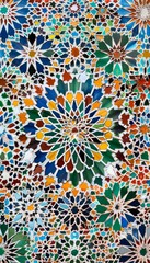 An ultra-sharp photo of a complex Islamic mosaic with geometric patterns vibrant colors