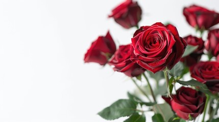 A stunning bunch of vibrant red roses set against a pure white backdrop