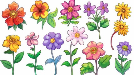 Delightful set of chibistyle flowers in clip art format, each with unique, cute characteristics and vivid colors