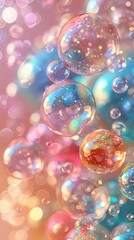 Naklejka premium A playful background of colorful, translucent bubbles floating against a soft, pastel backdrop
