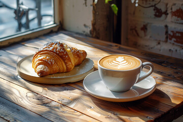 A croissant with powdered sugar on a plate sits next to a cup of coffee. The scene is set in a cozy cafe, with the aroma of freshly brewed coffee filling the air. The combination of the warm pastry