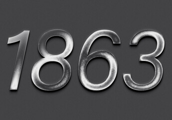 Chrome metal 3D number design of 1863 on grey background.