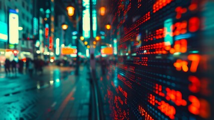 Naklejka premium Blurred city lights at night with a stock market ticker in the foreground