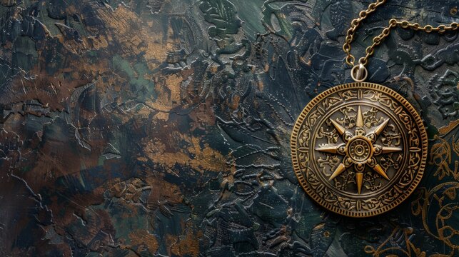 A close-up of an antique brass talisman with an intricate star design