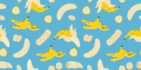 Banana seamless pattern. Trendy summer background. Vector illustration in hand drawn flat style. Vector print for fabric or wallpaper.