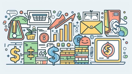 Obraz premium Money counting concepts with product icons showing interest, buying and selling of goods, paying for products ordered