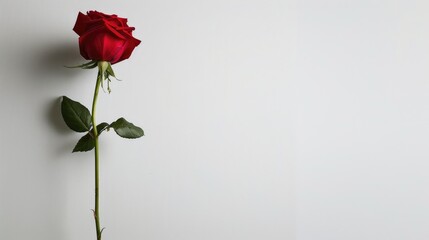 A stunning solitary red rose stands out against a white backdrop