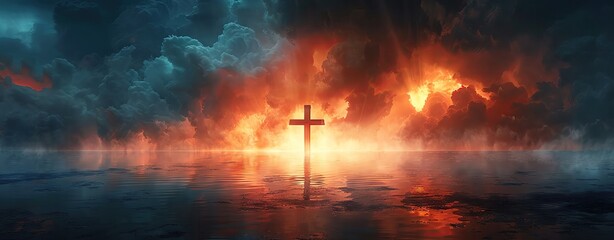 Obraz premium Cross silhouetted against a dramatic sky with light rays, symbolizing faith and divine presence
