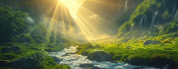 Enchanted valley with a flowing river and light beams, creating a magical and serene scene