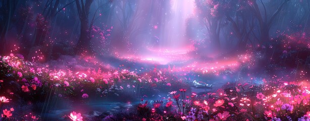 Fototapeta premium Fantasy depiction of a celestial garden with glowing light and vibrant colors, symbolizing paradise