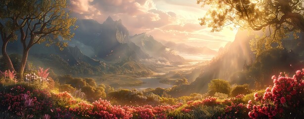 Fantasy landscape of a valley bathed in warm light, with flowers and trees symbolizing paradise