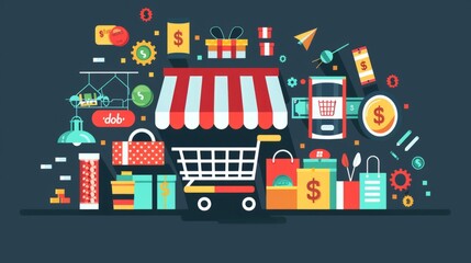 Naklejka premium Money counting concepts with product icons showing interest, buying and selling of goods, paying for products ordered