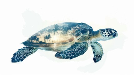 Sea turtle swimming underwater with double exposure