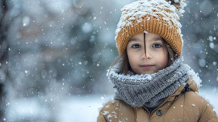 Winter Wonderland - Child in Cozy Attire Standing in Snowy Landscape with Trees, Copy Space for Graphics or Text