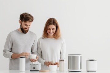 Young couple preparing food in modern kitchen using various kitchen appliances, smiling and enjoying their time together.