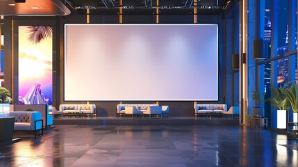 A contemporary city hotel lobby featuring a blank white mockup on a high-tech digital display wall, with interactive touch screens, LED mood lighting, and a dynamic projection mapping display.