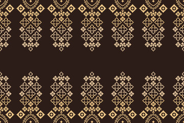 Traditional black ethnic motifs ikat geometric fabric pattern cross stitch.Ikat embroidery Ethnic oriental Pixel brown background.Abstract,vector,illustration. Texture,decoration,wallpaper.