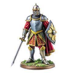 Medieval knight in full armor with a sword and shield, wearing a red and gold tabard, standing on a grassy base. Isolated on transparent background, png.