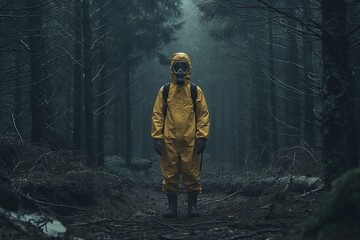 Fototapeta premium A man in a yellow chemical protection suit and a gas mask stands in a dark, infected forest with black smoke.