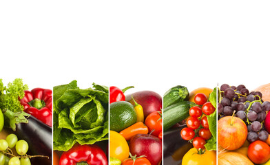 Collection fruits and vegetables isolated on a white. Collage. Free space for text. Wide photo.